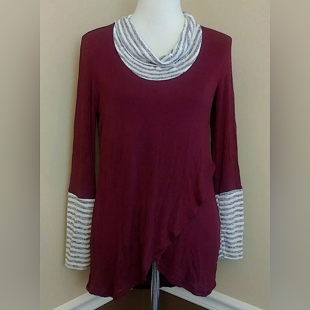 Burgundy Split Front Gray & White Striped Cowl Neck Modcloth Top by Prospero